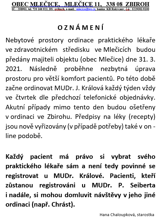 Oznámení o&nbsp;změnách ve&nbsp;zdravotním středisku
