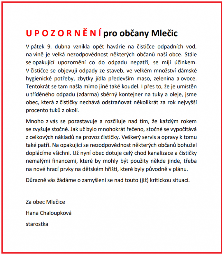 Upozornění - ČOV, havárie, prevence